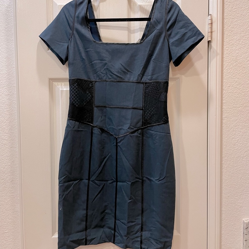 Dark blue midi dress with lace detailing